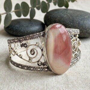 925 Silver Handcrafted Mookaite Jasper Gemstone Adjustable Cuff Bracelet Boho
